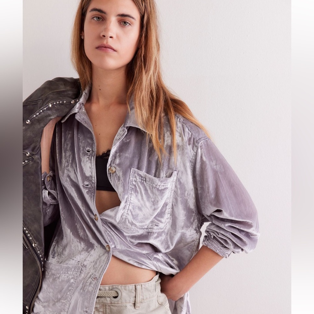 We The Free Off Duty  Velvet Shirt in Silver Gray